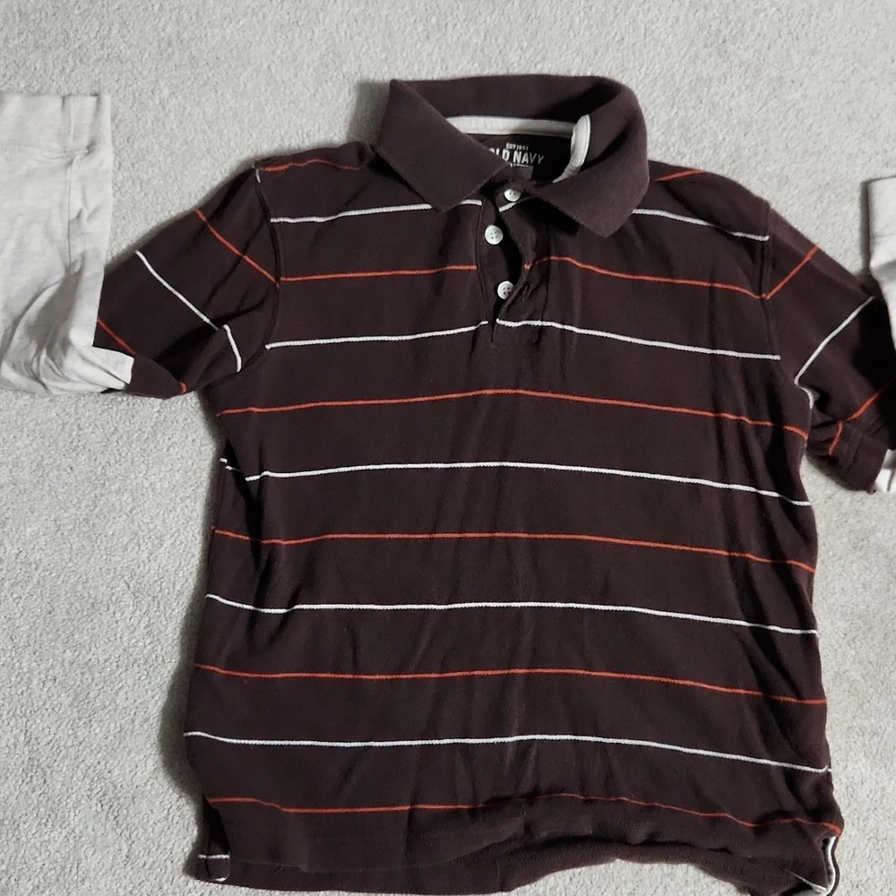 Old Navy Boys Brown Long Sleeve Striped Shirt with Cream Sleeves - Small